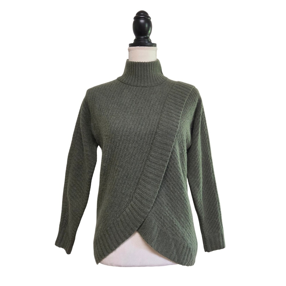 Saks Fifth Avenue Cashmere Olive Green Crossover Mock Neck Sweater Size XS